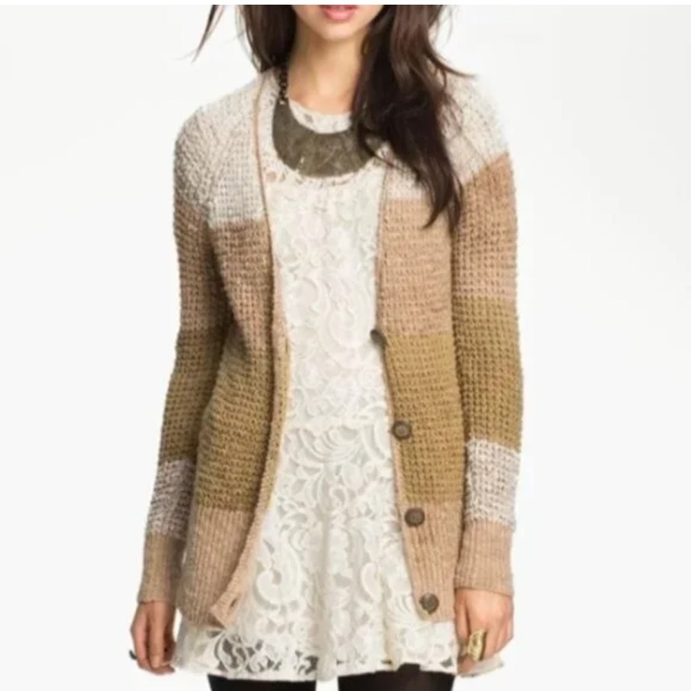 Free People Cream and Tan Cardigan Sweater